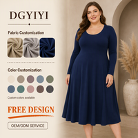 Robe midi élégante en viscose tricotée opaque 300 GSM, coupe évasée, col rond, manches longues, pour femme, grandes tailles, hiver, personnalisable avec logo OEM