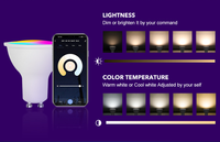 Ampoule de lampadaire d'hôtel GU10 RGBW LED intelligente certifiée RoHS, alimentée en courant alternatif, projecteur Tuya WiFi à intensité variable, commande vocale et à distance