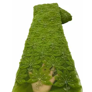 Kain renda Nigeria hijau indah kualitas tinggi kain renda payet 3D bordir Prancis dengan manik-manik untuk gaun pernikahan pengantin