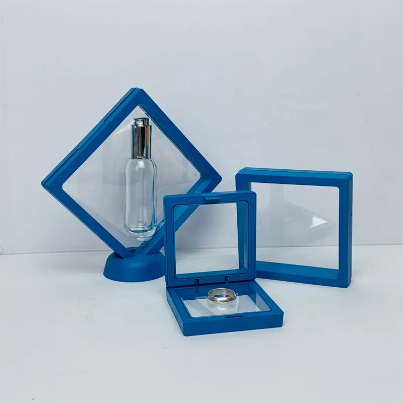 Anti oxidation Blau 3D Floating Frame Display Stand halter Schmuck Edelstein Nagel aufhängung Vitrine Aufbewahrung sbox mit Ständer