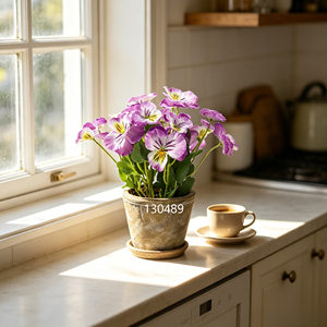 Pianta Artificiale di Pansé Viola da 28cm in Vaso di Cemento con Finto Terreno per Centrotavola Neutro - Product Image 2