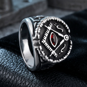 Men's Freemason Finger <b>Ring</b> Stainless Steel Geometric Design Red Cubic Zirconia Bezel Setting Punk Style Fashion Jewelry Gift - Product Image 1