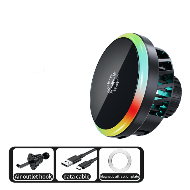 New Arrival Gadgets Strong Magnetic Turbofan Cooling 15W Car Wireless Charging with RGB Ambient Light for Air Vent Mount Bracket