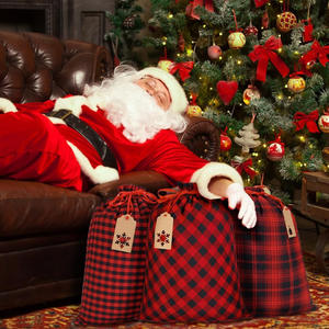 Red Black Plaid Christmas Cotton Drawstring Bag for Candy <b>Storage</b> Kraft Paper Label Packaging for Holiday Supplies - Product Image 2