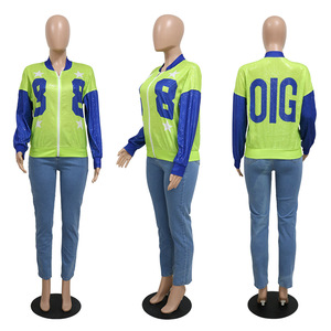 Novedad de primavera <span class=keywords><strong>2023</strong></span>, chaqueta con cremallera de lentejuelas para mujer, chaqueta Versity con cuello <span class=keywords><strong>POLO</strong></span> y letras, Chaqueta de manga larga con lentejuelas para mujer - Product Image 6