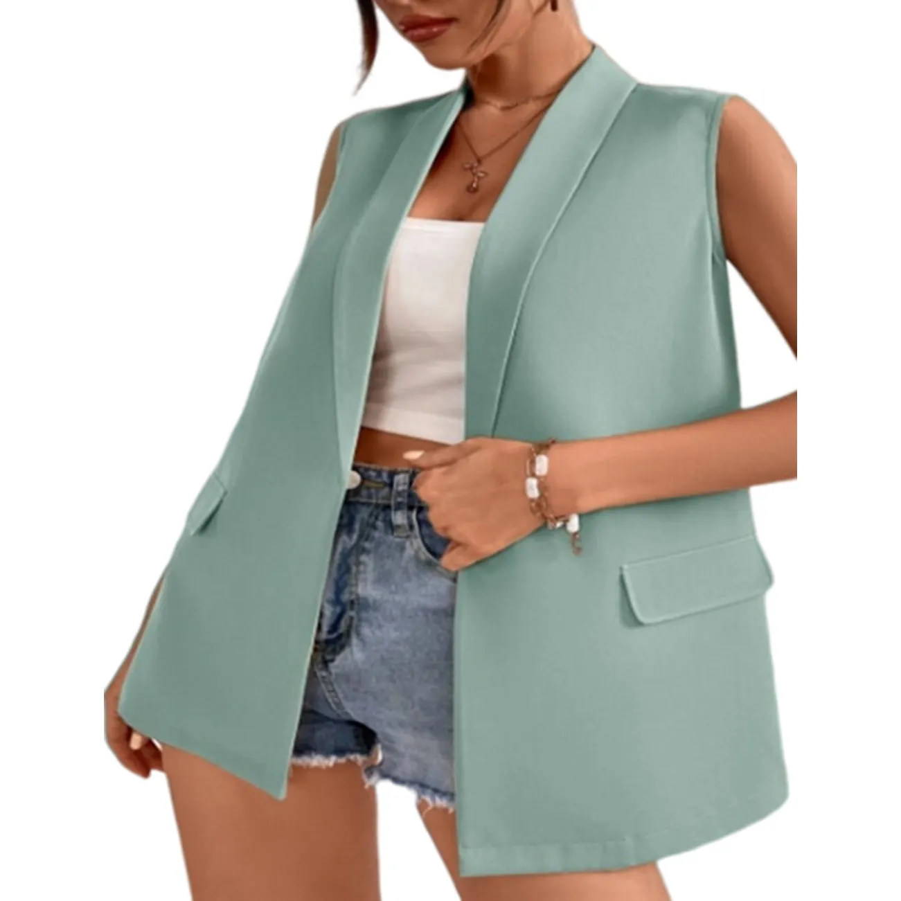 Newly Trendiest Custom Autumn Lapel Collar Sleeveless Suit Ladies Women Blazer