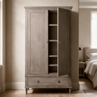 Armoire 2 portes en bois massif avec 1 tiroir, style ferme, finition chêne patiné, placard de rangement autoportant pour chambre à coucher, vente en gros