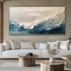 Grande Peinture Murale 3D Texturée Faite à la Main sur Toile, Paysage Marin Minimaliste Bleu et Blanc, Vague Océanique, Décoration Murale pour la Maison - Product Image 1