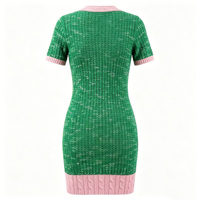 Robe pull moulante grande taille pour femme, col en V, manches courtes, tricot torsadé rose et vert contrastant, style universitaire, avec logo personnalisé