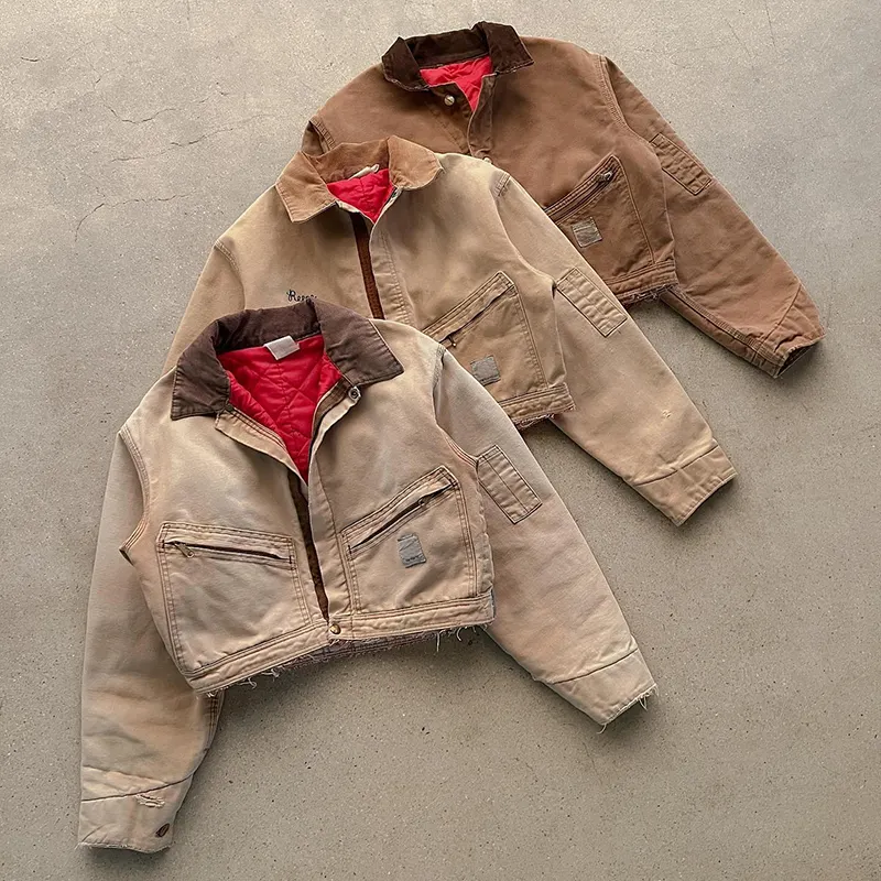 YSJY Custom khaki wash heavy canvas work jacket lined vintage worker carpenter jacket for men