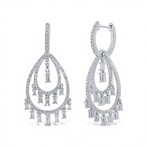 Pendientes de Oro Blanco Sólido de 14K con Diamantes Cultivados en Laboratorio, Corte Baguette y Redondo, Forma de Lágrima, para Mujer - Product Image 1