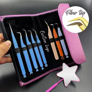 Private Label Purple Nude Stainless Lash tweezers 45 75 90 Degree Nano Grip Tweezers Fiber Tips Volume Tweezers Sets