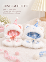 Cape de poupée personnalisée de 10 cm, tenue en peluche avec oreilles de chat mignonnes, vêtements de poupée miniatures rose et bleu, OEM ODM