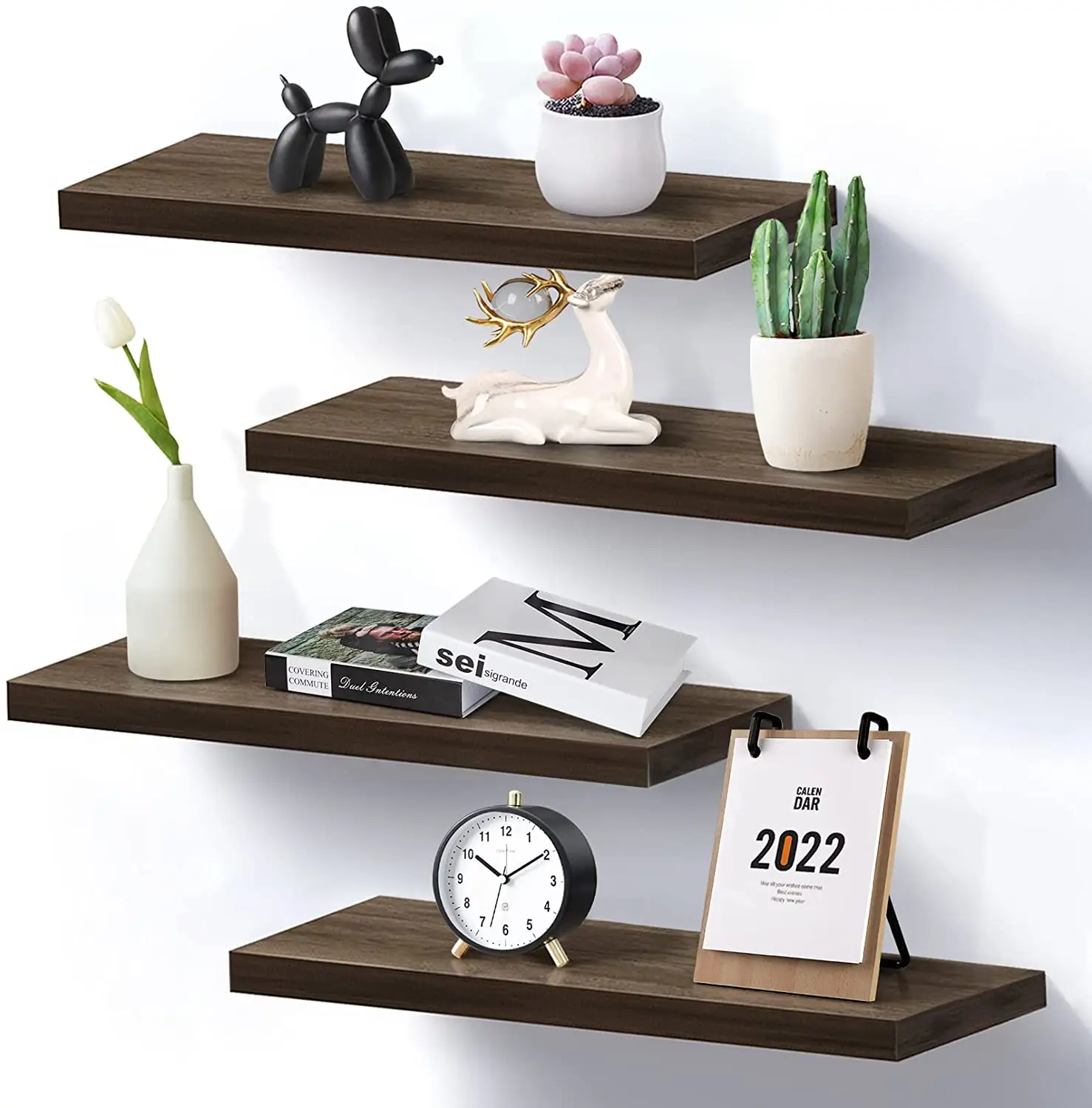 Hot Selling White Shelf for Wall, Set of4 Wall Mount Wood Floating Decorative Plant Display Storage Long Shelves for Home