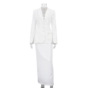 Abbigliamento elegante formale personalizzato autunno 2025 Set da <span class=keywords><strong>donna</strong></span> 2 pezzi completo Blazer bianco e gonna per le signore di alta qualità - Product Image 4