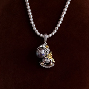 31435DIY <b>Pearl</b> Accessories S925 Silver Pendant Empty Tray Trendy White <b>Gold</b> 8-9mm Round Beads Small Trojan <b>Necklace</b> Pendant - Product Image 4