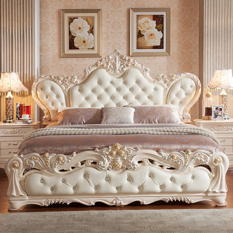 Letto matrimoniale in pelle letto francese in stile europeo intagliato villa di lusso mobili camera da letto letto in legno massello