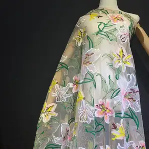 Máquina laser bordada de tecido com laço, tule, verde, flores, vestido de festas, vestuário, verão, tecido com folhas