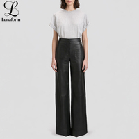Pantalones de cuero extralargos para mujer, de moda, de cintura alta, con bolsillos de parche, ajuste para uso diario, de PU, de pierna ancha, con costura interior personalizada