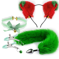 Serre-tête en peluche rouge et vert avec oreilles de chat, queue moelleuse, collier ras-du-cou en dentelle avec fermoir métallique, pinces, ensemble de cosplay, jouets sexuels pour adultes