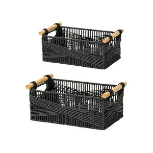 Eco-Friendly Woven <b>Storage</b> <b>Basket</b> Rectangle Black Solid Wood Handle Bathroom Living Room Desktop Organizer - Product Image 5