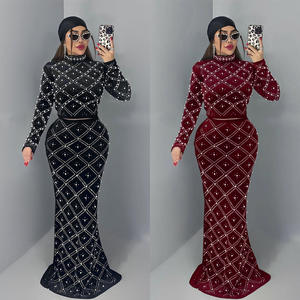 Yüksek Kaliteli Kadın 2 Parça Etek Takımı Taşlı Kadife Kıyafetler Uzun Kollu Üstler ve Midi Etek Kadın Parti ve Abiye Elbise - Product Image 1