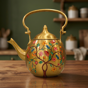 Théière en métal doré avec motif floral, style oriental, avec couvercle et poignée - Product Image 1