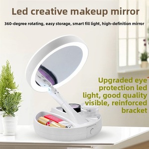 Cosmetic <b>Mirror</b> Double Round Desktop Dual Sided 10X Magnification Foldable with Light and <b>Storage</b> for Makeup - Product Image 3