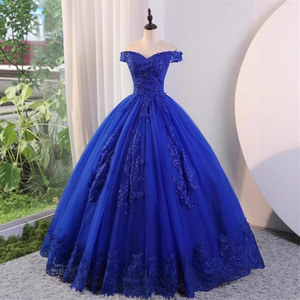Blue Off-Shoulder Ball Gown Empire Waist Chiffon Floral Print Evening Dress for Women - Product Image 1