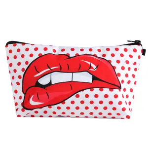 Cute Cool Polyester 3D Polka Dot Teeth Mouth Red Lips Printing Ladies Cosmetic Pouch Bag