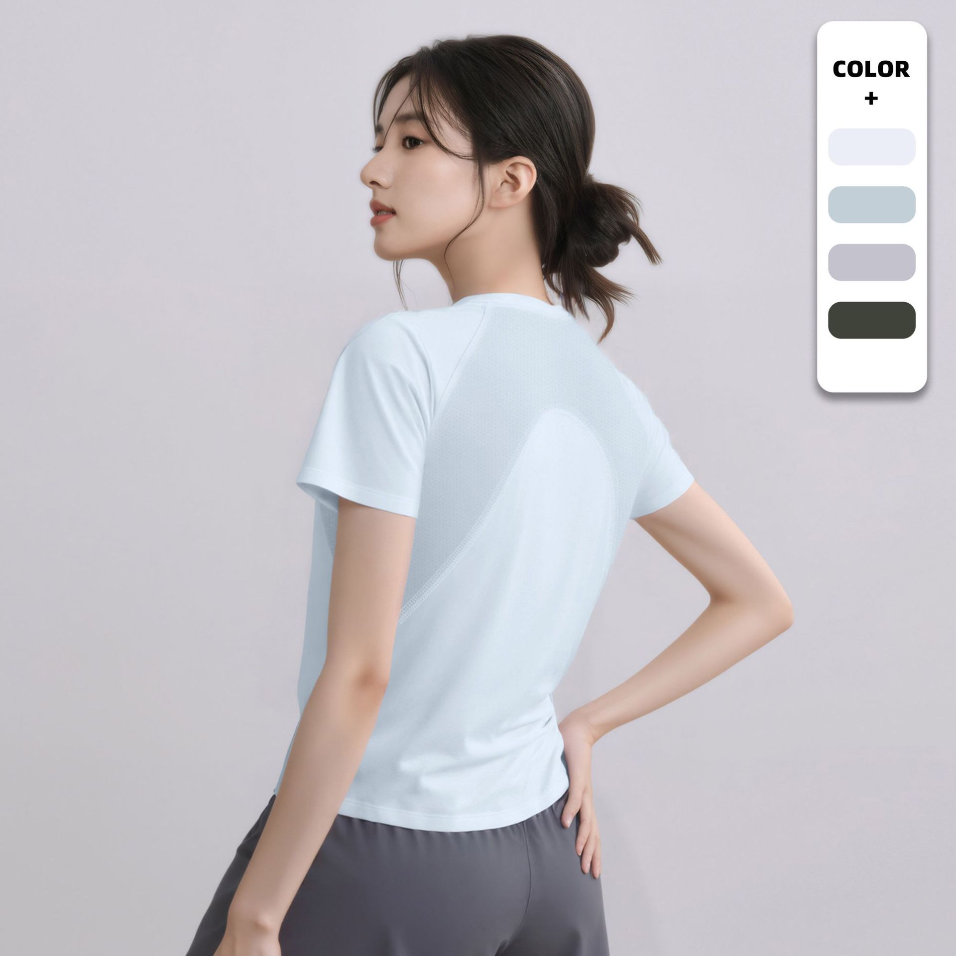 Spliced Mesh Polyester Quick-Drying Sportswear Womens Slimming Yoga Suit Short-Sleeve T-Shirt Running Apparel Training