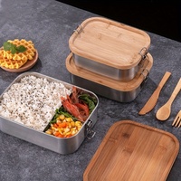 Boîte à bento multifonctionnelle 304 SUS avec couvercle en bambou Boîte à lunch à couvercle en bois scellé réutilisable avec cloison conçue