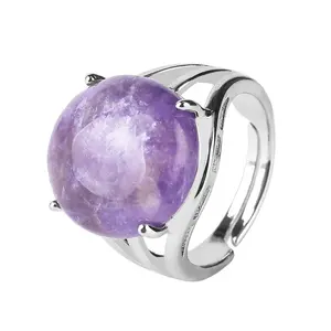 CSJA New Design Natural Round Bead Amethyst Adjustable Ring F476