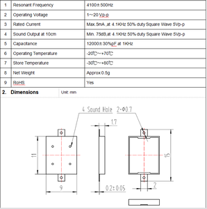 Buzzer Piezoeléctrico Pasivo SMD de Alta Calidad en Oferta, 11 * 9 * 1.7 mm, 4100Hz, Ultrafino, 3V 5V, 70dB para Glucómetro - Product Image 5
