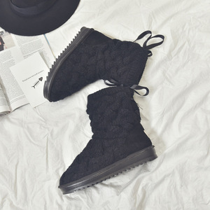Stivali da Neve Alti da <span class=keywords><strong>Donna</strong></span> in Maglia con Fiocco, Caldi e Felpati, <span class=keywords><strong>Stivaletti</strong></span> Invernali Antiscivolo con Suola Piatta, Scarpe alla Moda in Misto Lana - Product Image 5