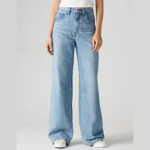 Cotton Heavyweight <b>Baggy</b> <b>Jeans</b> With Straight Wide Leg And Raw Hem Tailored <b>For</b> <b>Women</b> Modern Aesthetic And Daily Versatility - Product Image 3
