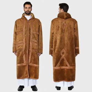 Abito con Cappuccio in Pelle Scamosciata per Uomo Musulmano, Giacca Lunga con Cerniera Ricamata in Stile Etnico, Abbigliamento Arabo - Product Image 3