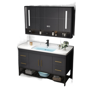 خزانة حمام فاخرة حديثة من الخشب الصلب مع مرآة حمام بإضاءة LED وحوض سيراميك مدمج قائم على الأرض - Product Image 5