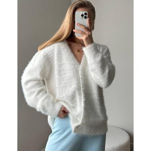 Cardigan en mohair duveteux pour femme, col en V, boutonné, manches longues, tricoté, ouvert sur le devant, style ample, pull décontracté d'hiver - Product Image 4