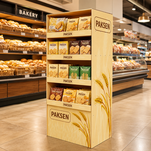 Expositor de suelo de cartón corrugado para galletas de panadería, con impresión de veta de madera para repostería, estante de promoción minorista para supermercados - Product Image 2
