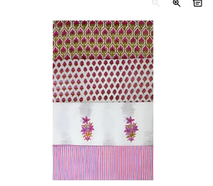 Hand Block Printed Cotton Fabric <b>Set</b> Pink Floral Motif White Base Buta Stripe Pattern Dress Material Kurta Suit Dupatta <b>Sewing</b> - Product Image 1