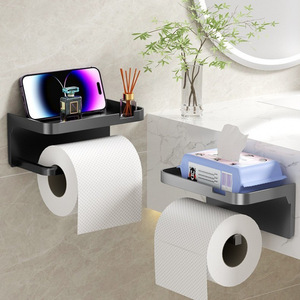 Wall Mounted Toilet <b>Paper</b> Holder With Phone Shelf No Drill Required Minimalist Design For Bathroom Use - Product Image 4