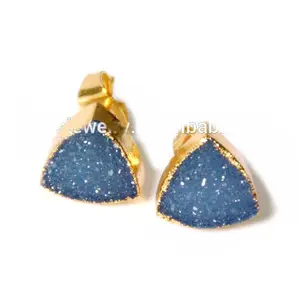 Wholesale pink color stone earrings tiny triangle studs druzy studs gold dipped in 10 mm for women