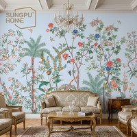 Papier peint jaune pâle floral non tissé, palmier tropical, pivoine, oiseau, papillon, papier peint pour la maison, restaurant, espace commercial