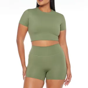 Fitness workout buttery plus size green crop tee shirt and gym shorts 2 piece sports set