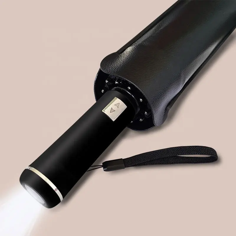 LED Senter Payung Otomatis Hitam Lem Cerah Hujan Penggunaan Ganda Lipat Tiga Lipat Anti-Ultraviolet Payung Matahari Logo Kustom