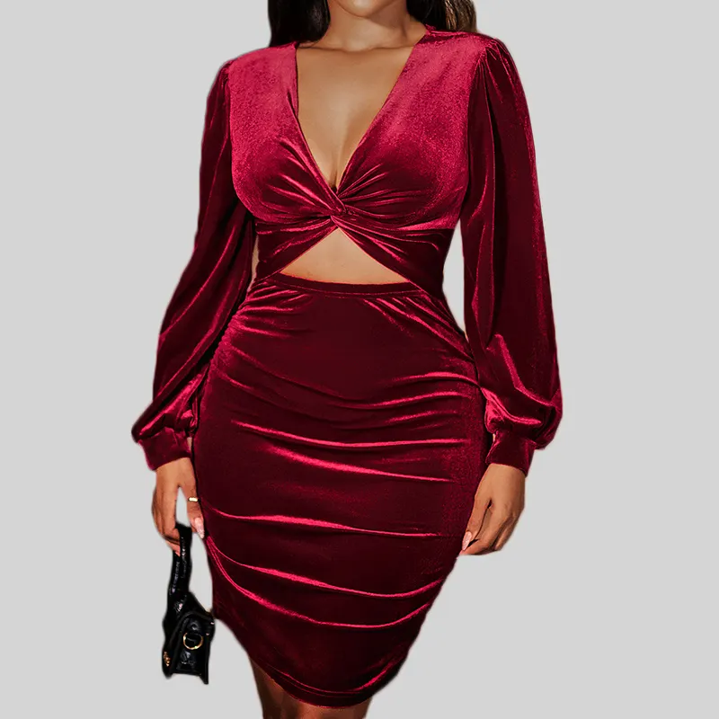 Custom Wholesale Fashion Elegant Women Cut Out Long Sleeve Ruched Red Velvet Dresses