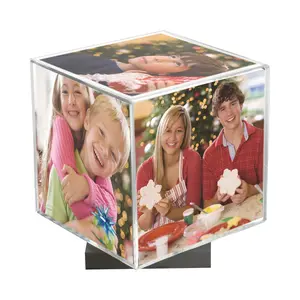 New 360 Degree Spinning Acrylic Photo Cube with Silver Base Holds 5 Photos for Home Decor