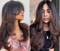 Pelucas frontales transparentes de cabello humano virgen Remy vietnamita con cutícula alineada, color castaño intenso, para corte en capas y flequillo largo, sin pegamento, para mujer