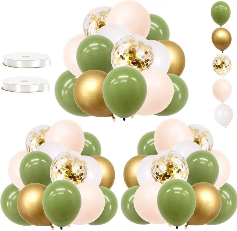 Conjunto de balões de confete ouro 12 polegadas, balões verde de azeitona verde para decoração de chá de bebê festa de aniversário casamento